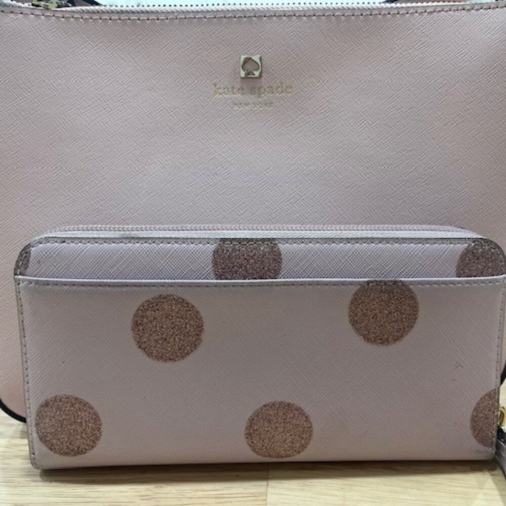 Kate Spade Haven Lane Pink Glitter Polka Dot Neda Zip Around Wallet